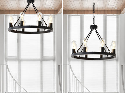 6 Light (No Bulbs) Wagon Wheel Chandelier Farmhouse Modern Small Round Chandelier For Living Room Kitchen Island Foyer Hallway Entryway Bedroom Dining Room Light Fixture Ceiling Hanging - Matte Black