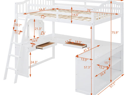 Loft Bed With Drawers, Cabinet, Shelves With Desk