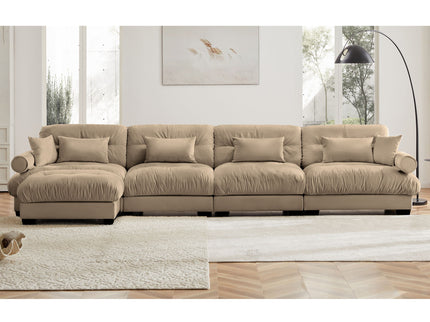 Modern Sectional Sofa With Ottoman, Round Bolster Armrests, Waist And Throw Pillows