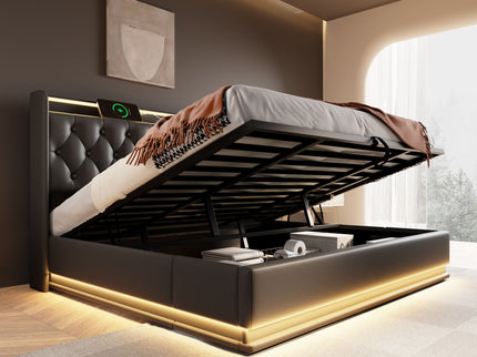 Upholstered Bed, 360 Surround LED Function, Remote Control, Hydraulic Storage Bed With USB, Type-C Charging (Without Mattress)