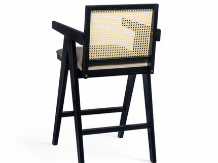 Woven Cane Plastic Backrest Bar Stool Foam Padded Fabric Seat & Durable Rubberwood Frame - Cream Gray