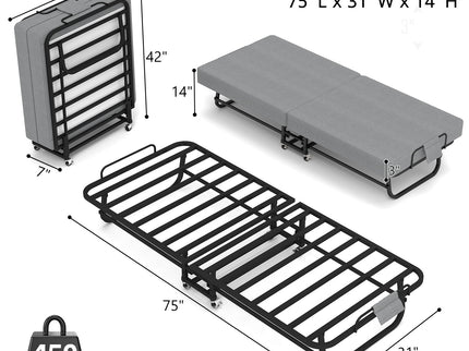 Twin Folding Bed With Memory Foam Mattress, 4 Lockable Wheels - Gray