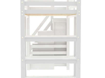 Loft Bed With 4 Layer Shelves, Storage Staircase, Small Wardrobe And LED Light