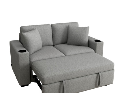 Modern 2 Seater Loveseat Sofa With Pull-Out Bed, Fabric, Built-In USB Ports & Cup Holders
