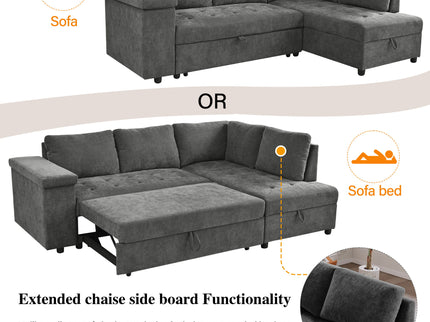 L Shaped Couch With Pull Out Bed And Storage Sectional Sleeper Sofa With Hidden Storage, Wide Armrest With Storage, For Living Room, Apartment, Bedroom, Office