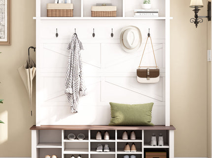 4 In 1 Hall Tree With 6 Hooks, Entryway Bench With Adjustable Shelves - White