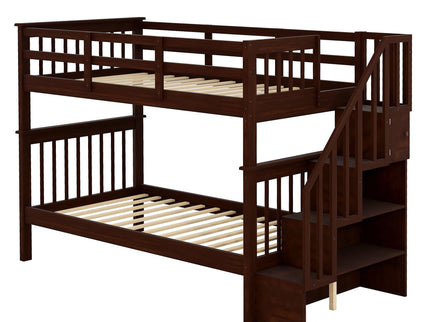 Stairway Bunk Bed With Storage And Guard Rail For Bedroom