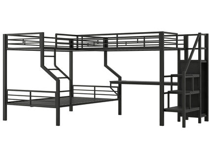Twin Over Full L Shaped Bunk & Loft Bed With Built-In Wardrobe, Desk, And USB Ports - Black