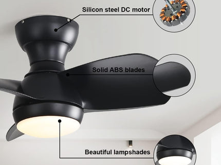 23" Bedroom Ceiling Fan With 3 Color Dimmable 3 ABS Blades Remote Control Dc Motor With 18W Led Light