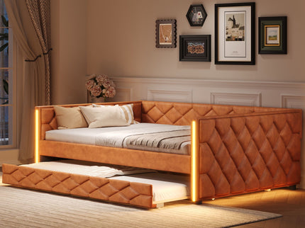 Upholstered Full Long Daybed With Trundle And LED Armrests - Brown