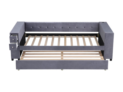 Upholstered Bed With Storage And Twin Trundle, USB Charging Ports