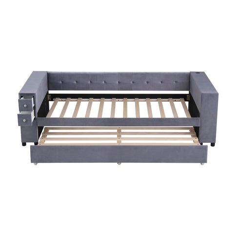 Upholstered Bed With Storage And Twin Trundle, USB Charging Ports