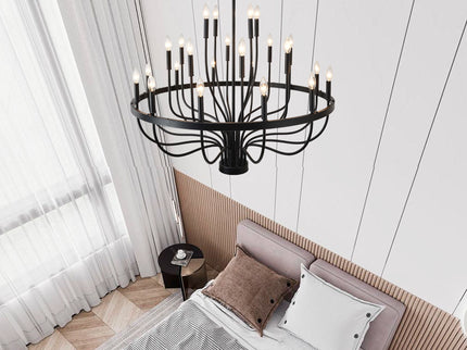 24 Light Chandelier Industrial Iron Candle Chandelier Modern Suspended Farmhouse Chandeliers Pendant Light Fixtures For Dining Room Bedroom Living Room Kitchen Island Foyer E12 Bulb (No Include) - Black