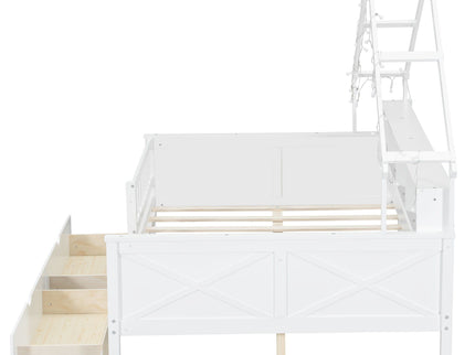 House Style Platform Bed With LED Lights, Storage Shelves, Drawers, And Guardrail