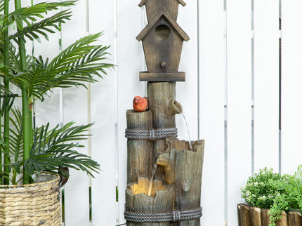 Outsunny - Outdoor Fountain With Birdhouse, Cascading Garden Waterfall Bird Bath With 3 Tier Rustic Tree Trunk / Log Design, LED Lights For Porch, Deck, Yard Decor - Brown