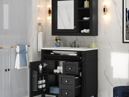 Bathroom Vanity With Top Sink, 2 Doors And 3 Drawers, Freestanding Set With Mirror Cabinet