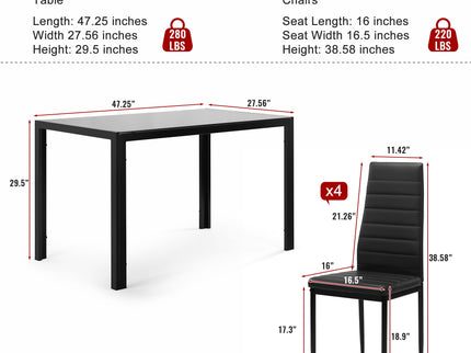 5 Pieces Dining Table Set For 4, Kitchen Room Tempered Glass Dining Table, 4 Faux Leather Chairs - Black