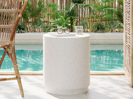 Outdoor Terrazzo Concrete Drum End Table, Living Room Accent Table - White Terrazzo
