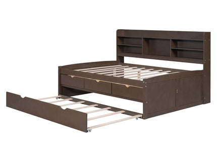 Captain Bed With Built In Bookshelves, 3 Storage Drawers, And Trundle
