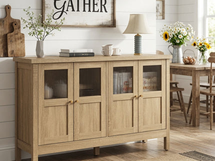 Buffet Cabinet With 4 Doors, Adjustable Shelves Handles - Natural
