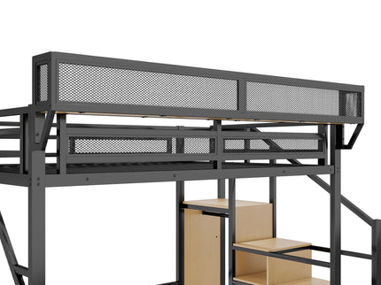 Queen Size Loft Bed & Stairs, Storage Shelves, Wardrobe - Black / Wood