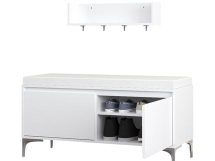 Wall Mounted Entryway Shelf With Hooks And Storage Bench Set - Off White