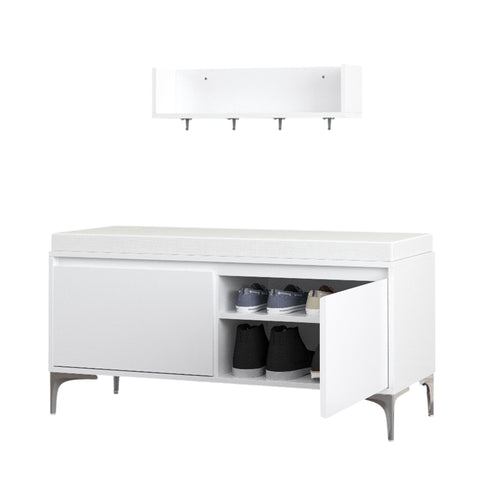 Wall Mounted Entryway Shelf With Hooks And Storage Bench Set - Off White
