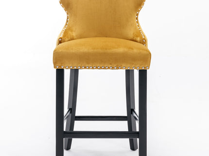 Contemporary Upholstered Wing-Back Barstools With Button Tufted Decoration And Wooden Legs, And Nailhead Trim, Leisure Style Bar Chairs, Bar Stools (Set of 2)