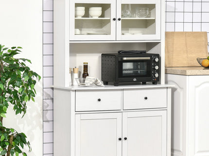 Homcom - 63.5" Kitchen Buffet With Hutch, Pantry Storage Cabinet With 4 Shelves, Drawers, Framed Glass Doors, Open Microwave Countertop - Antique White