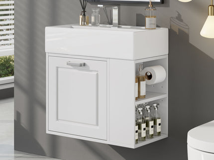 Modern Wall Mounted Bathroom Vanity With Sink, Soft Close Drawer, Adjustable Shelf, Toilet Paper Holder