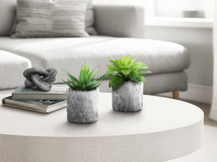 6" Tall, Artificial Plant, Succulent, Indoor, Faux, Fake, Table, Greenery, Potted, Decorative (Set of 2) - Green / Gray