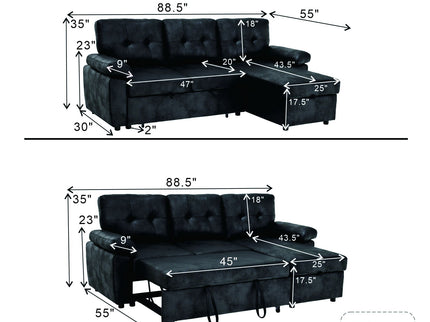 Convertible L - Sectional Sofa Bed With Storage Chaise And Padded Armrests