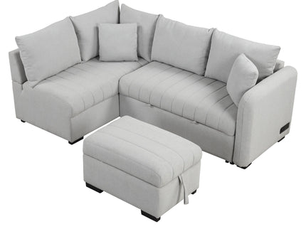 L-Shaped Sectional Pull Out Sofa Bed Sleeper Sofa With Two USB Ports, Two Power Sockets And A Movable Storage Ottoman