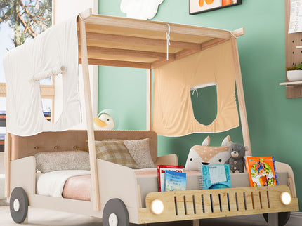 Twin Size Car Bed & Pillow, Ceiling Cloth And LED - Natural