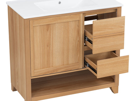 36" Bathroom Vanity With Sink, Soft Close Drawers - Natural