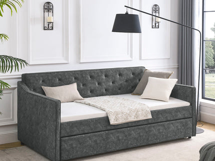 Twin Upholstered Daybed With Trundle, Waved Arms - Gray