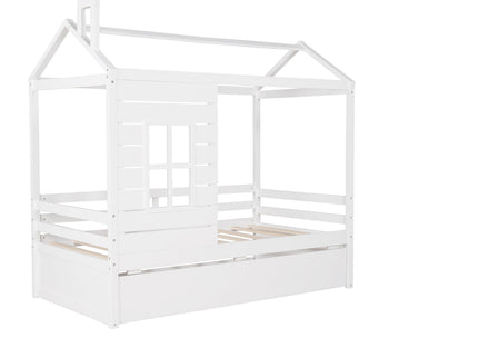 Twin Size Classic House Bed With Twin Size Trundle - White