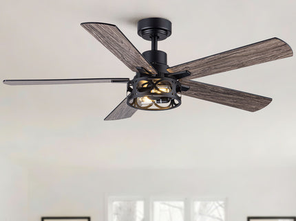 Ceiling Fan With Light, Dual‑Sided Matte Black & Wood Grain Blades - Black