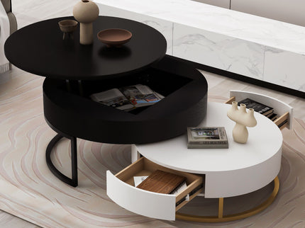 Modern Round Lift-Top Nesting Coffee Tables With 2 Drawers