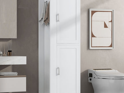 Tall Freestanding Bathroom Storage Cabinet With Adjustable Shelves And Side Hooks
