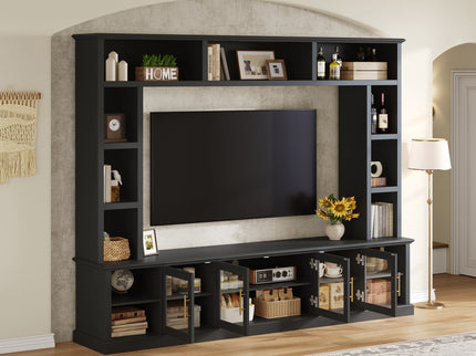 All-In-One Entertainment Center With Bookshelves & Tempered Glass Doors, TV Console Unit For Living Room