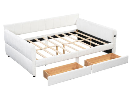 Queen Upholstered Platform Bed With USB Charging And 2 Storage Drawers - White