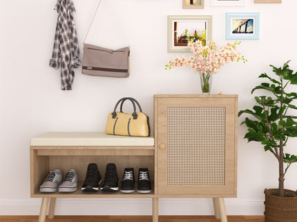 2 In 1 Shoe Storage Bench With Adjustable Shelves - Antique Natural / Rattan