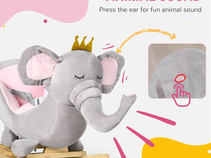 Qaba - Baby Rocking Horse Elephant Rocking Chair Toddler Rocker Toy With Sound Wooden Base Seat Safety Belt For 1.5-3 Year Old - Gray