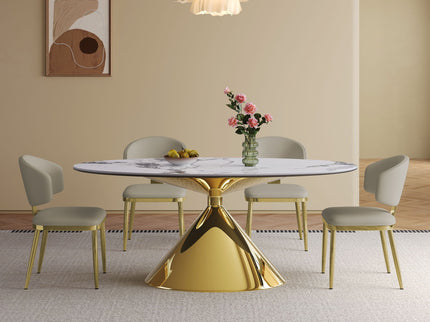 Modern Luxury Marble Dining Table Set Oval Kitchen Table With Stainless Steel Base - Gold / White Print
