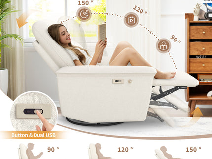 270° Power Swivel Rocker Recliner Chair With Phone Holder, Electric Glider Reclining Sofa With USB Ports For Living Room Bedroom - Beige