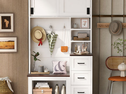 Modern Wide Hall Tree With Coat Rack, 3 Shelves And Drawers, 3 Sturdy Hooks