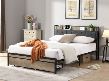 Modern Bed Frame With LED Lights, Upholstered Headboard, USB Charging
