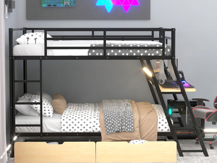 Full Size Bunk Bed With Built In Desk, Light, And 2 Drawers - Black