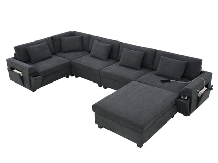 U Shaped Sectional Sofa 6 Seat Couch Set With Oversized Ottoman, Hidden Armrest Storage And Cup Holders USB Charging Ports Wide Seat Sofa